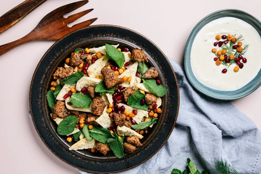 Matr displayed on a salad, a mycoprotein with vegetable content